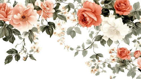 Coral and White Garden Roses with Cascading Foliage