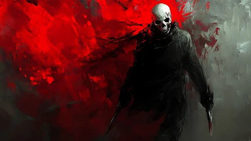 Blood-red tempest behind a stalking skull-faced wraith.