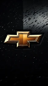 Golden car emblem gleaming against rain-soaked midnight steel.
