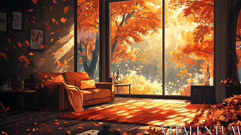 Golden autumn light gently fills a cozy forest-view room