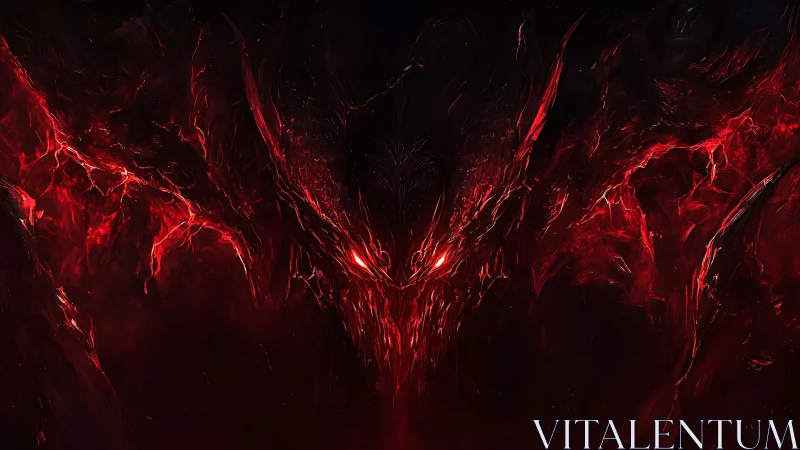 Demonic red entity emerges from abstract dark background