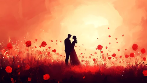 Romantic couple embracing in a field of glowing red roses