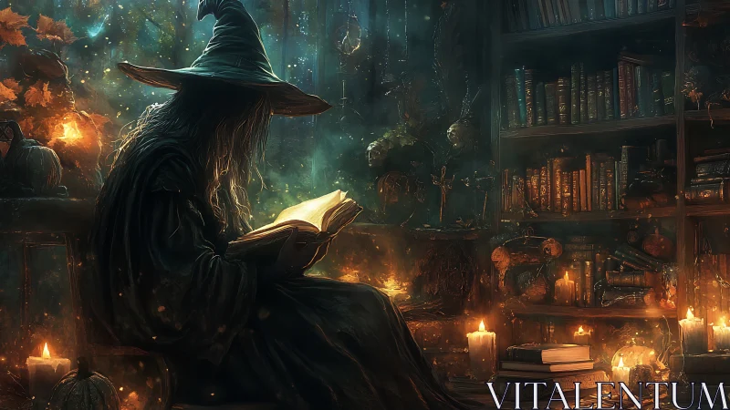 Enigmatic witch reading by candlelit arcane library.
