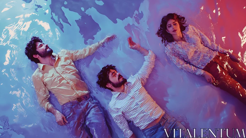 Three adults lie in shallow water under dual-tone cinematic lighting