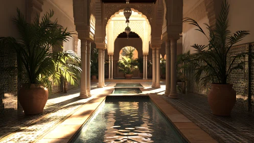 Islamic Courtyard with Colonnade and Reflecting Pool at Twilight