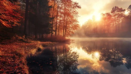 Photorealistic autumn lakeside with atmospheric backlighting.