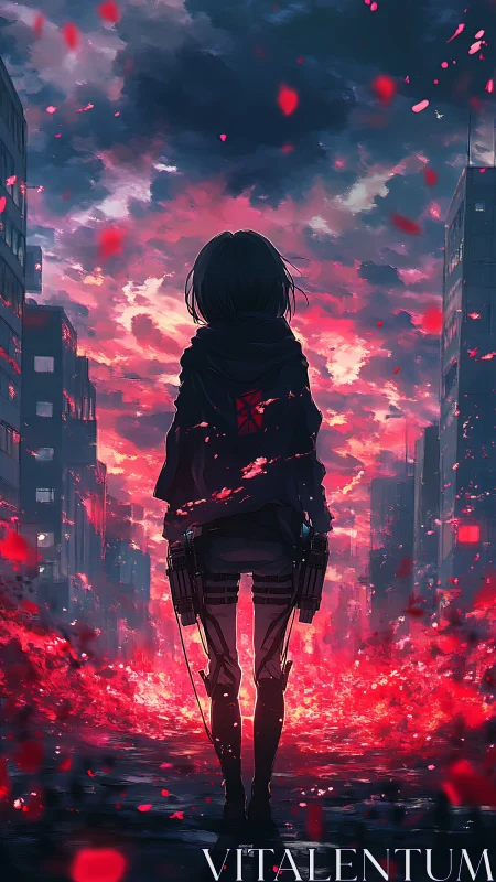 Silhouetted figure in gear facing red-lit urban skyline.