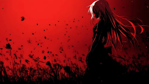 Silhouetted anime girl stands in red field under falling petals
