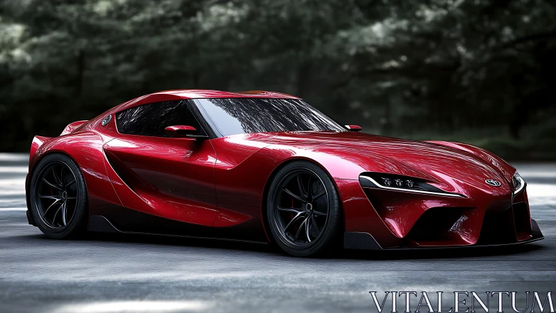 Red sports coupe on forest road in side perspective view.