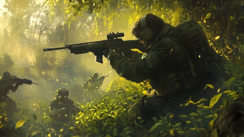 Stealth squad glows in jungle gunfire and golden haze.