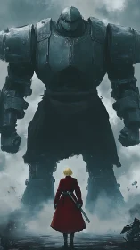 Red-coated warrior faces towering armored giant calmly.