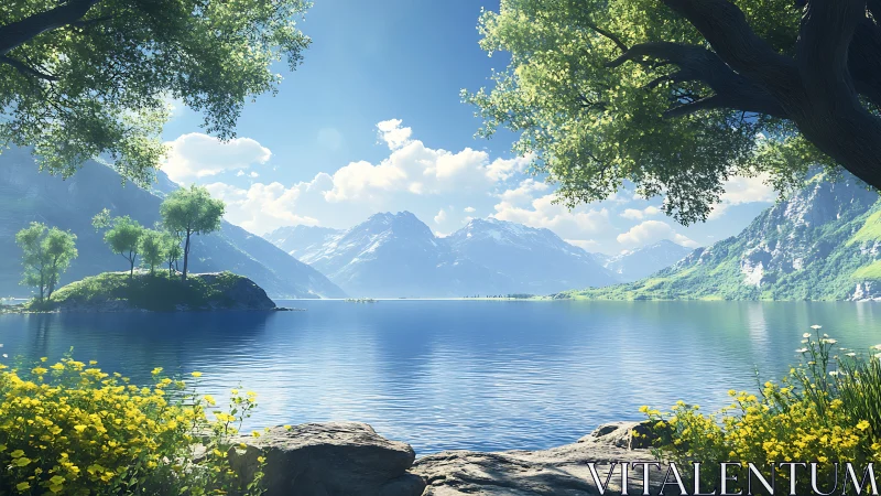 Serene alpine lake reflects bright mountains under clear skies