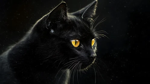 Black cat with golden eyes positioned in profile against dark background