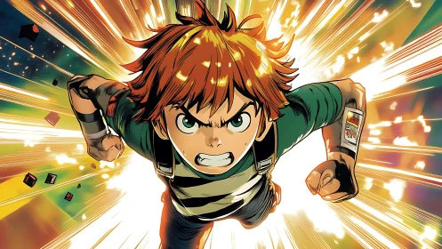 Anime boy charges forward through explosive light burst.