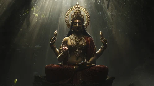 Radiant multi-armed goddess sculpture glows in jungle chiaroscuro