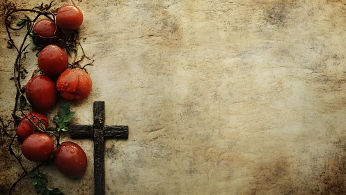 Rustic tomatoes and wooden cross on weathered parchment ground.