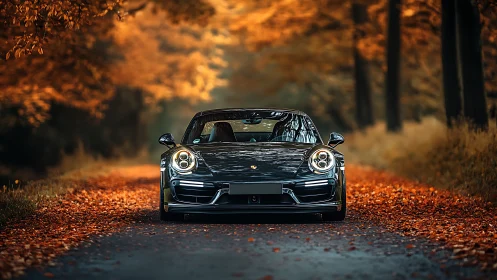 Sports car stands on tree-lined road amid autumn leaves