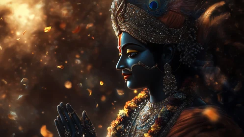 Gentle blue deity in glowing prayerful light and falling petals