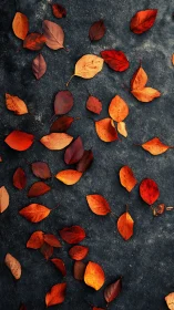 Scattered autumn leaves form warm contrast on dark stone ground