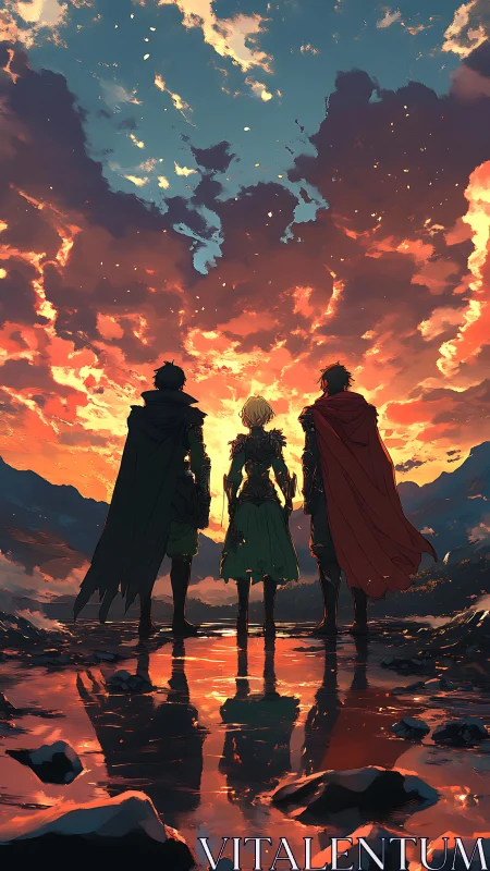 Three brave travelers stand united beneath a blazing sky