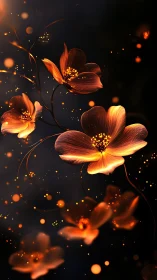 Luminous cosmos flowers with golden particle emission.