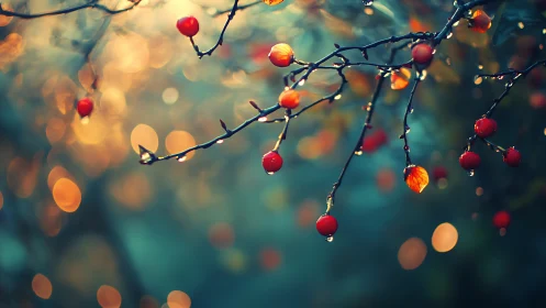 Dew covered red berries against soft bokeh background.
