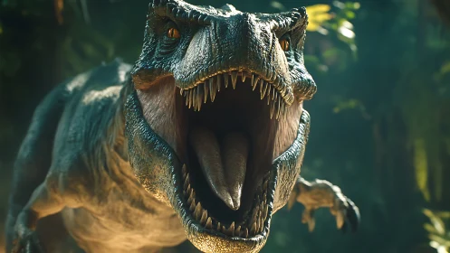 Hyperreal tyrannosaur cranial close-up with dynamic jaw articulation.