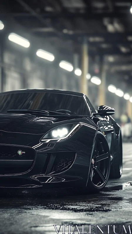 Midnight black supercar stalks the warehouse shadows.