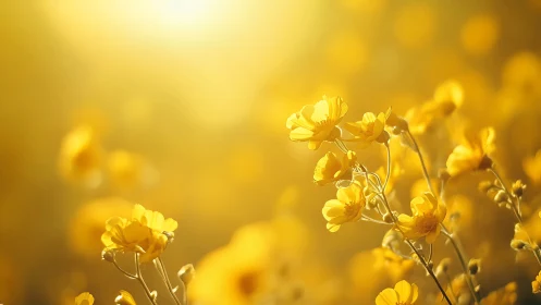 Golden buttercup wildflowers under glowing summer sunlight.