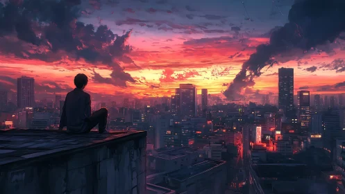 Digital painting skyline study with solitary rooftop figure at dusk.