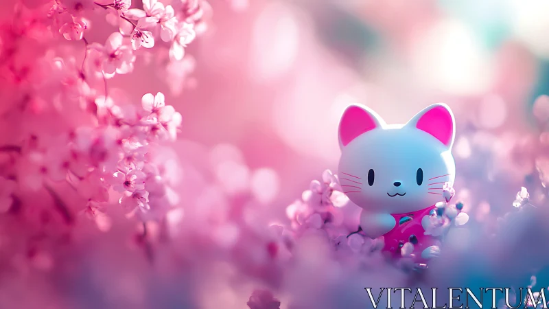 Pastel kitten quietly blooms inside a dreamy cherry cloud