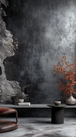 Minimalist loft corner with distressed wall and foliage.