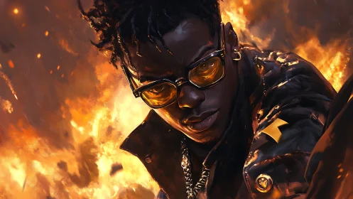 Flame-eyed rebel strides through painted inferno night.