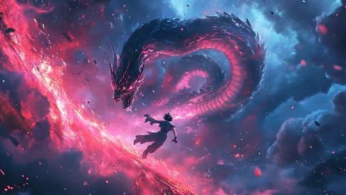 Starlit swordsman arcs toward a nebula dragon’s blazing roar