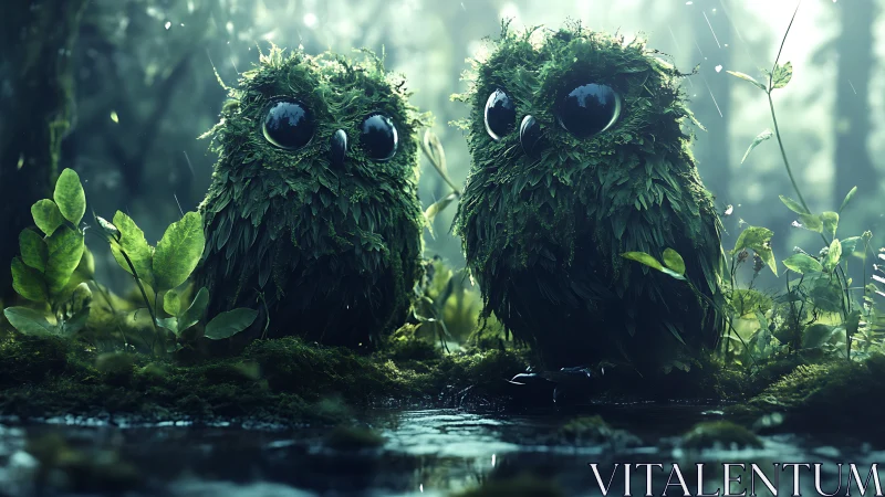 Whimsical moss-covered owls in enchanting forest, fantasy art.