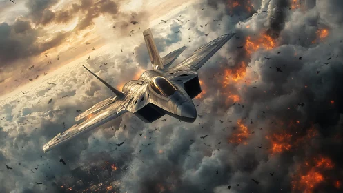 Combat jet slicing through fiery storm clouds in battle.