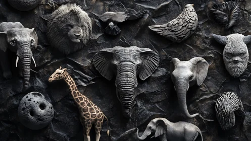 Photorealistic stone bestiary relief with sculpted wildlife forms.