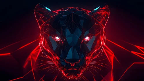 Futuristic Panther Head in Neon Red and Blue Polygonal Art Style.