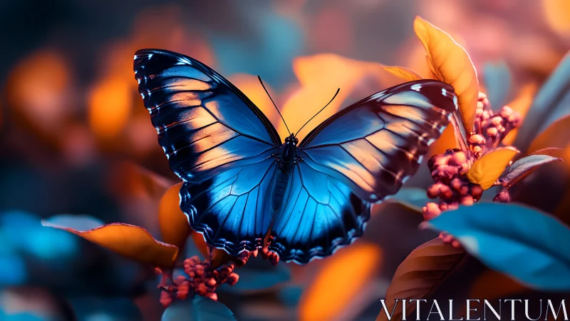 Blue morpho butterfly glows over orange bokeh foliage.