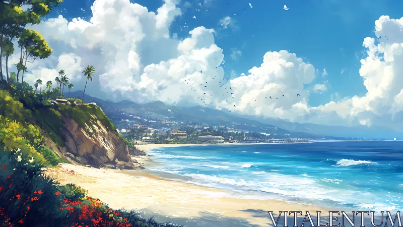 Sunlit coastal cliffs welcome gentle waves and bright skies