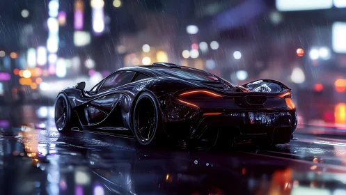 Rear view shows wet city street reflecting a black sports car