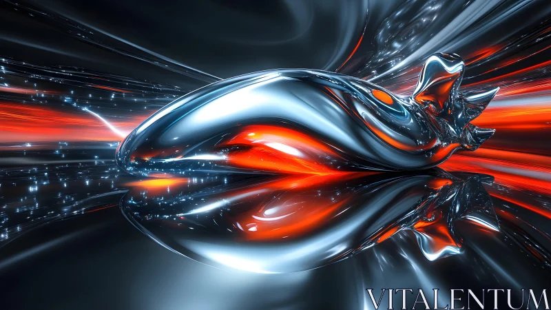 Futuristic metallic abstract sculpture with dynamic red accents.