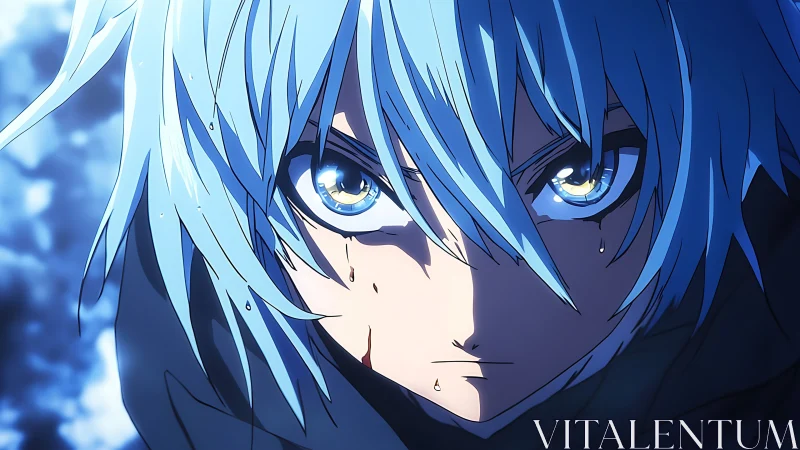 Blue haired anime warrior in intense close up portrait.