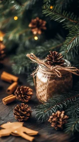 Glass jar with pinecones and fir branches on table.