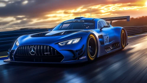Digital painting of blue AMG GT race car at sunset circuit.