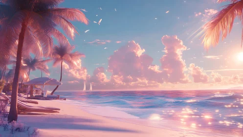 Tropical shoreline with palm trees under pink sunset light.