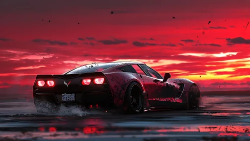 Red sports car on wet ground against intense sunset sky.