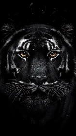 Front-facing tiger portrait isolates facial structure in darkness