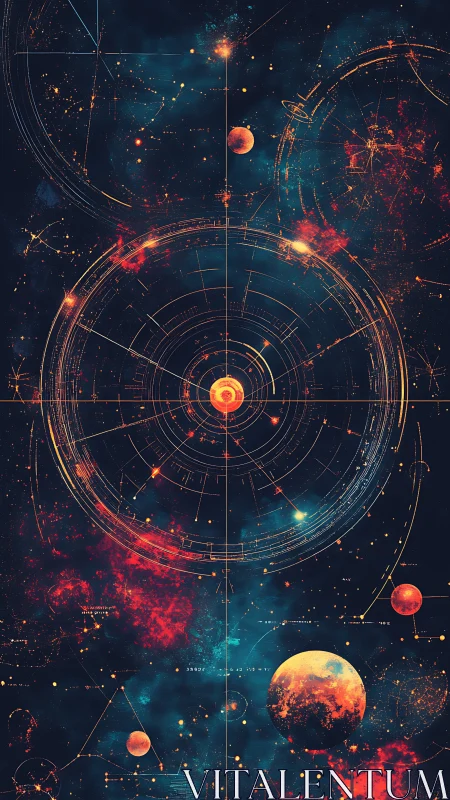 Celestial orrery diagram with glowing nebulae and planets.