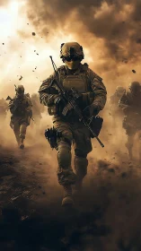 Ballistic infantry squad advancing through kinetic dustfield.